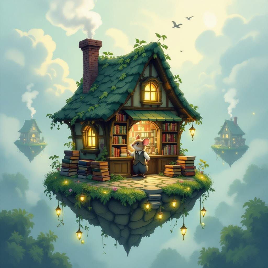 Whimsical Floating Bookshop Island with Mouse Character