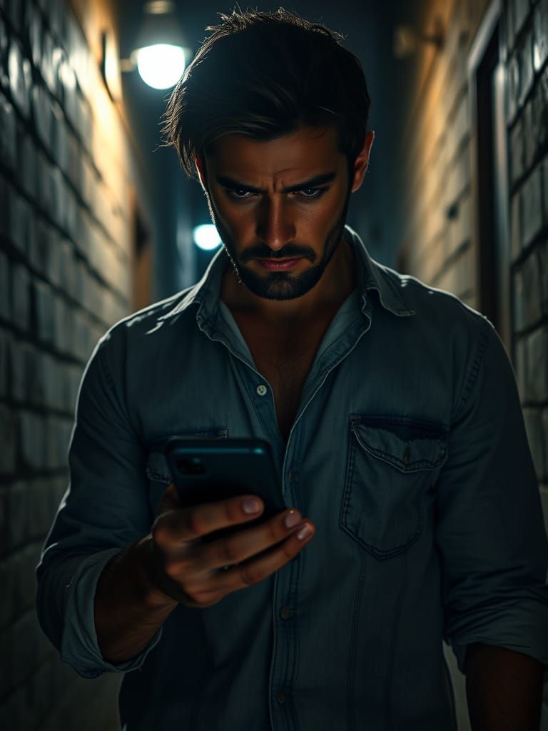 Intense Stare: Man in Alleyway with Phone