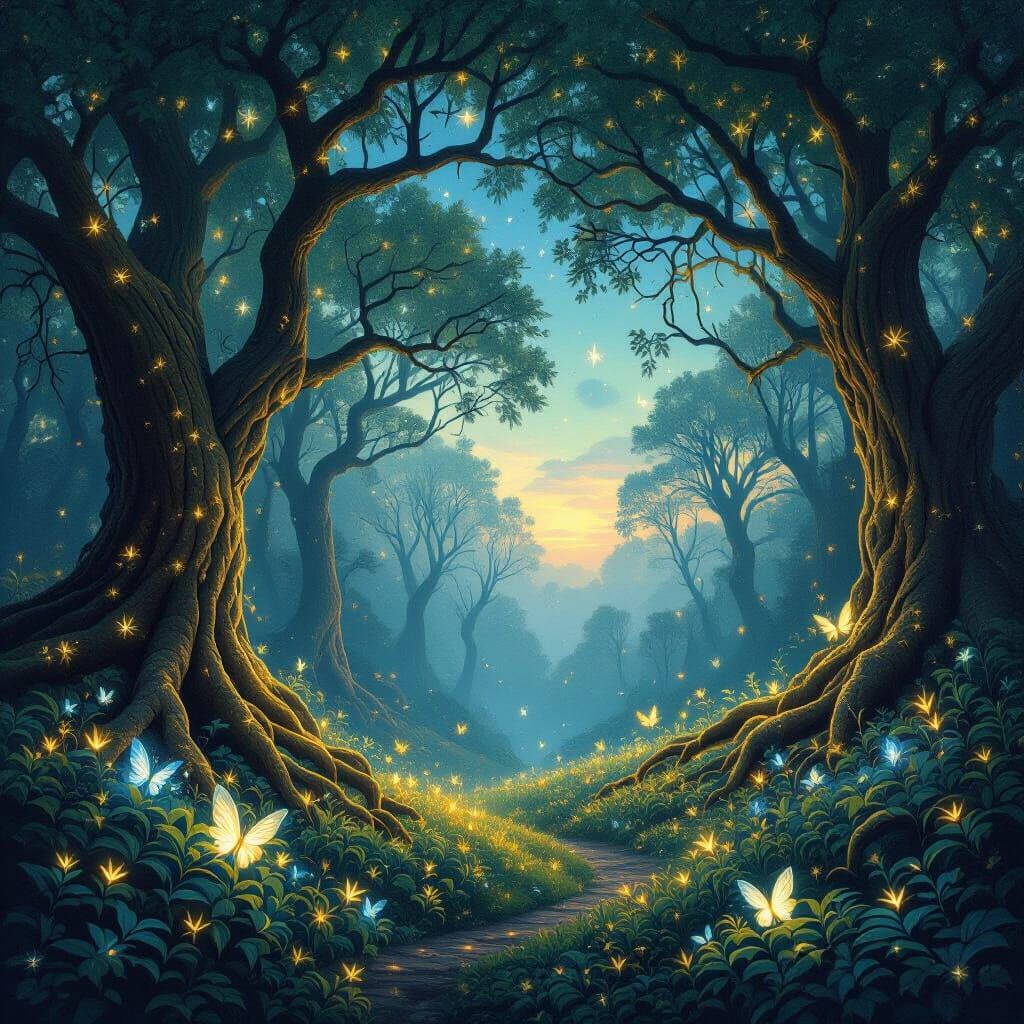 Bioluminescent Forest Clearing Under Nebula Sky
