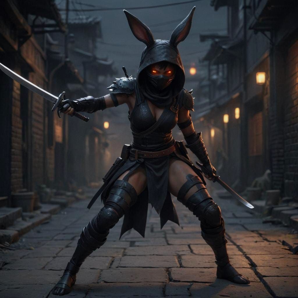 Menacing Rabbit-Human Ninja in Dark Fantasy Style