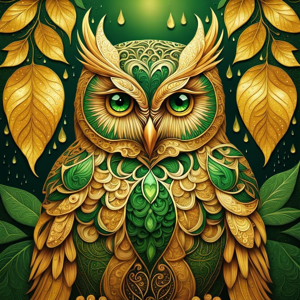 Majestic zentangle GOLDEN Owl |Highly detailed|Intricate filigree motifs. Abstract|golden bright colors. Gold Contours|G...