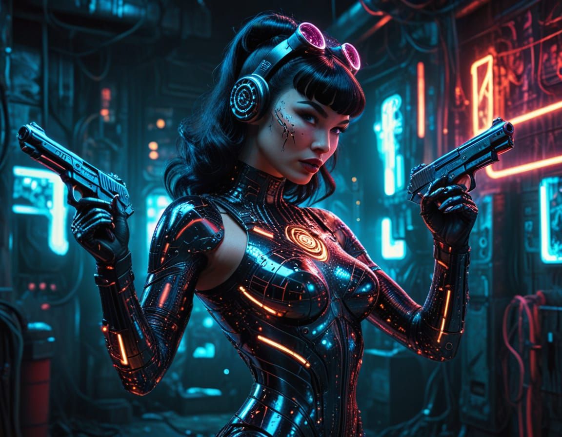 Cyberpunk Bettie Page in Neon-Lit Venue
