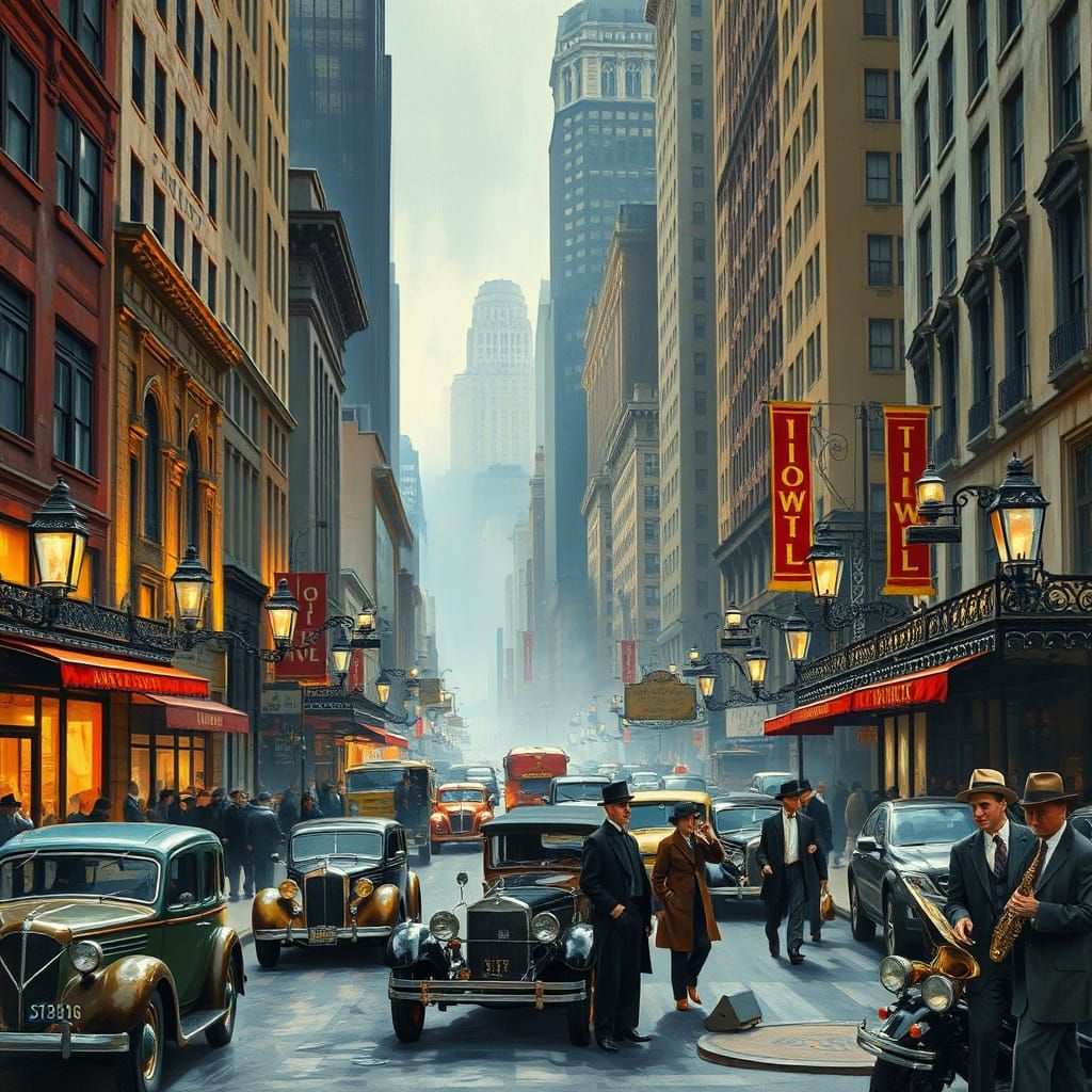 1920s NYC Iron District Street Scene in Realistic Oil Painti...
