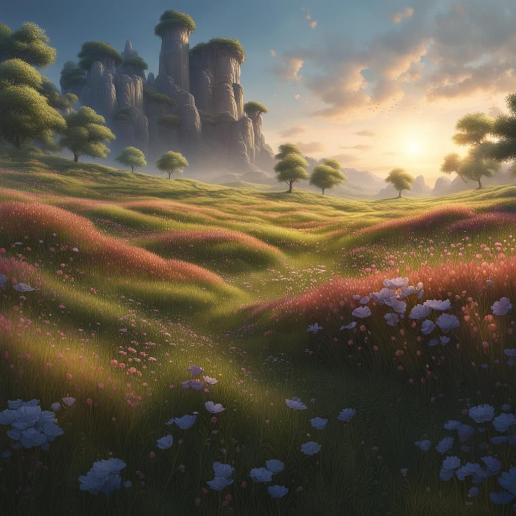 Vibrant Morning Meadow Blooms in Dreamlike Detail