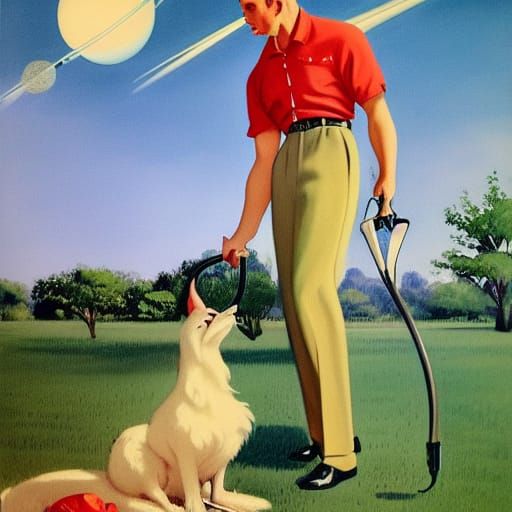 1950s Husband Mowing Lawn Under Alien Sky
