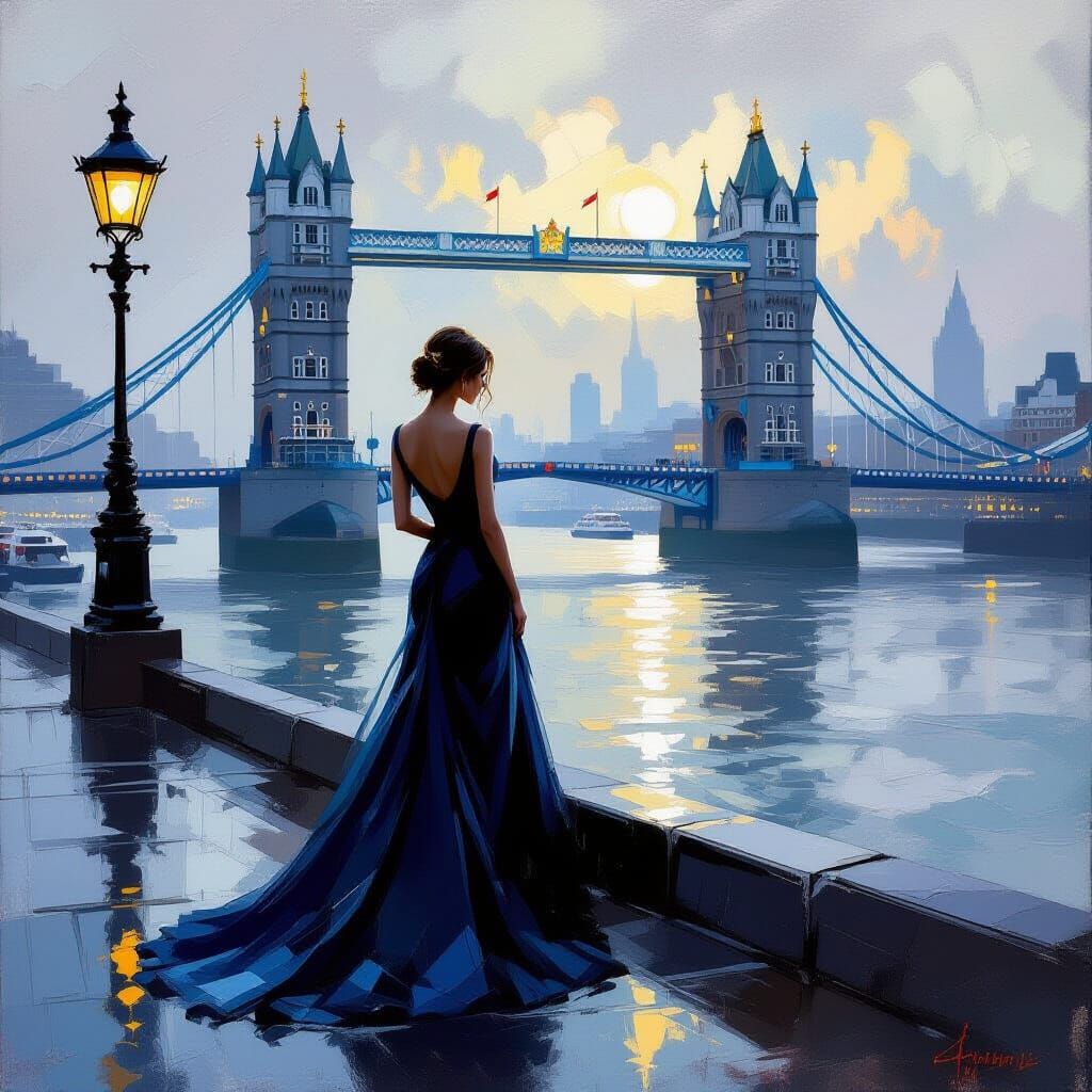 Girl in Dress Beside London Bridge: Oil Painting