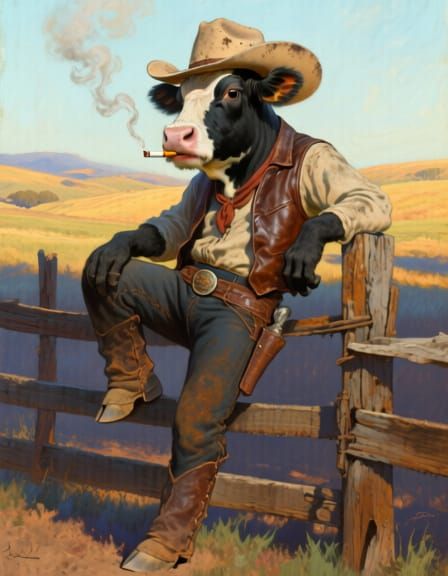 Anthropomorphic Cow Cowboy Leans on Rustic Ranch Fence