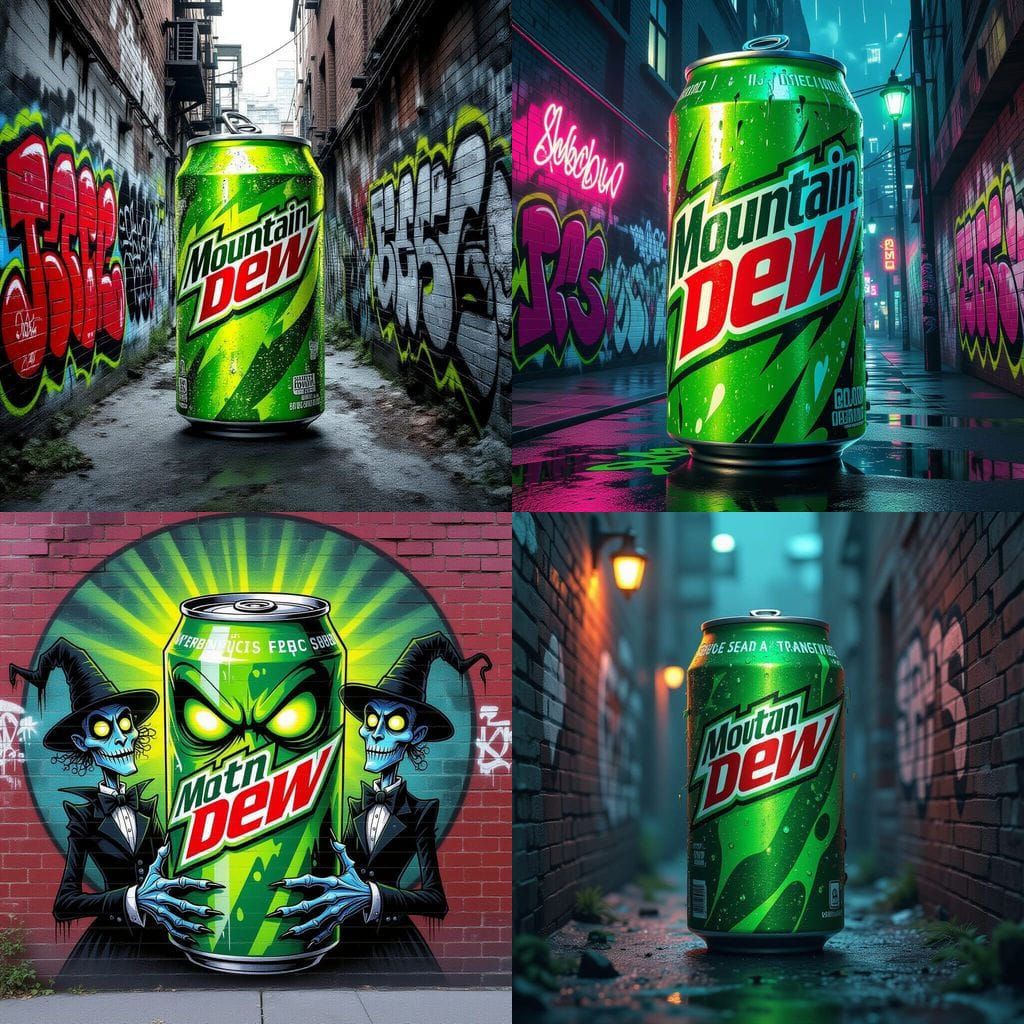 Mountain Dew Can Graffiti Street Art in Tim Burton Style