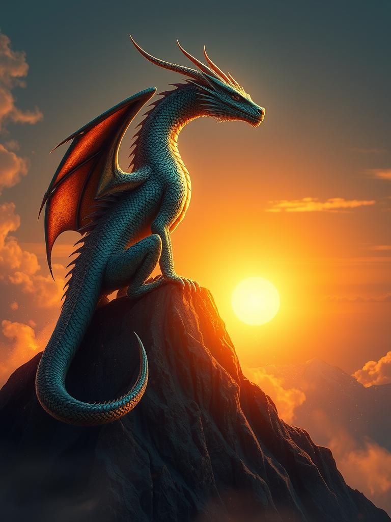 Dragon on Mystical Mountain at Sunset in 8k
