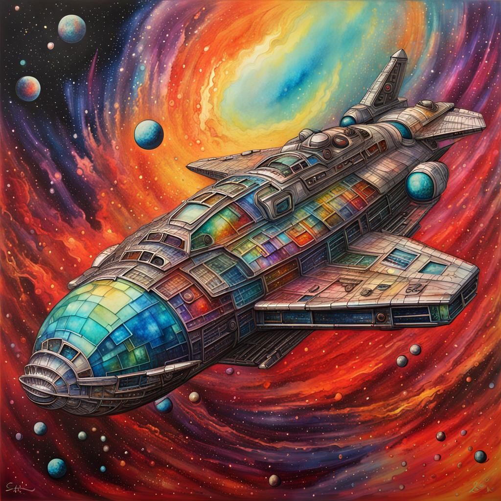 Chrome Spaceship in Galactic Nebula, Retro-Futuristic Art