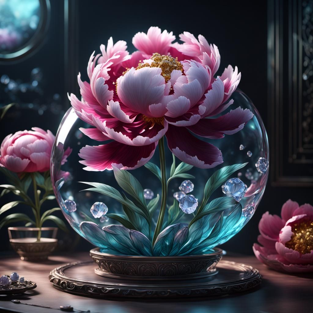 Glass Peony with Crystal in Detailed Matte Painting