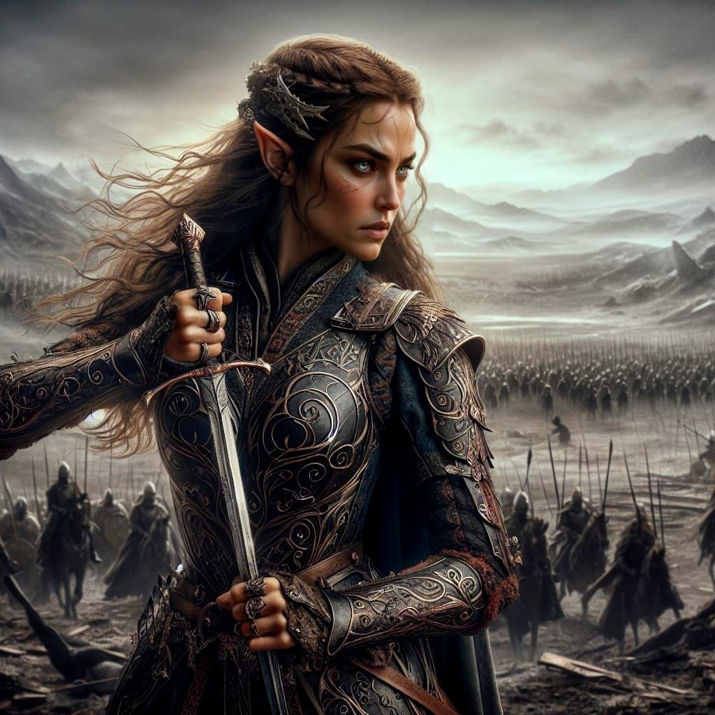 Elven Warrior in Dark Fantasy Landscape