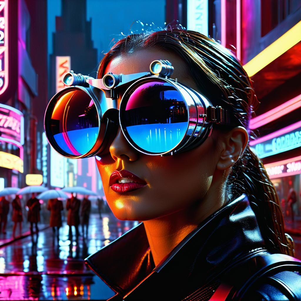 Futuristic Cityscape with Binocular Sunglasses, Oil Painting
