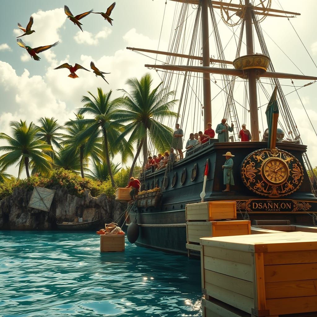 Spanish Galleon Anchored Near Caribbean Island