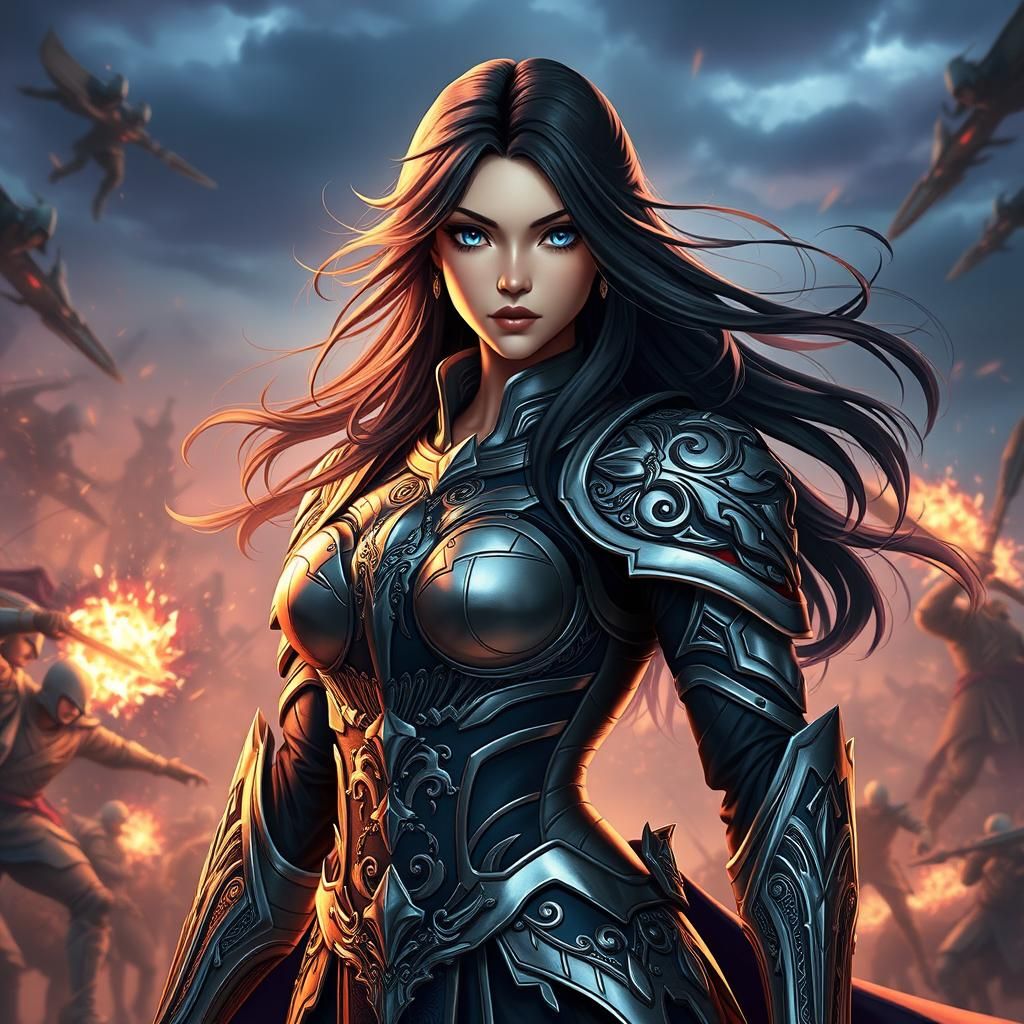 Armored Heroine Amidst Battle in 3D Anime Art