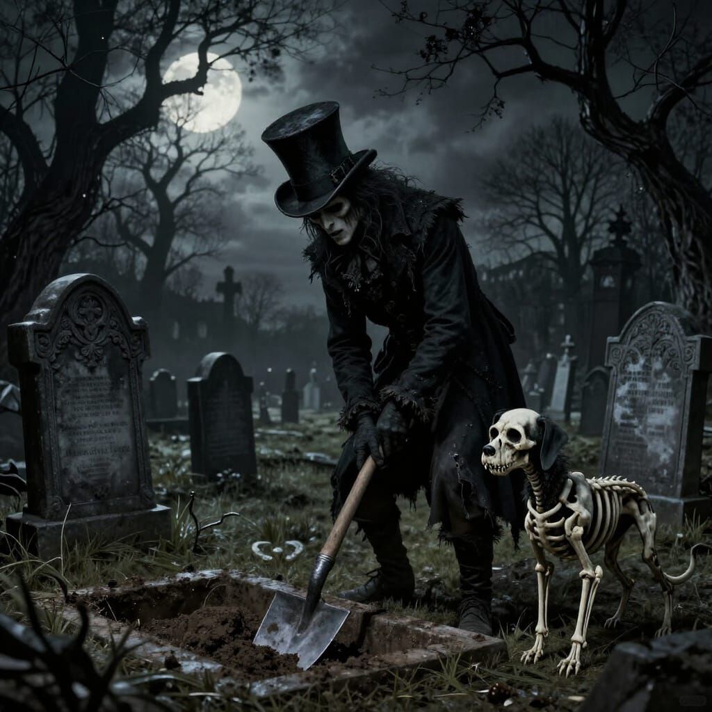 Gothic Grave Digger and Skeletal Dog in Victorian Graveyard