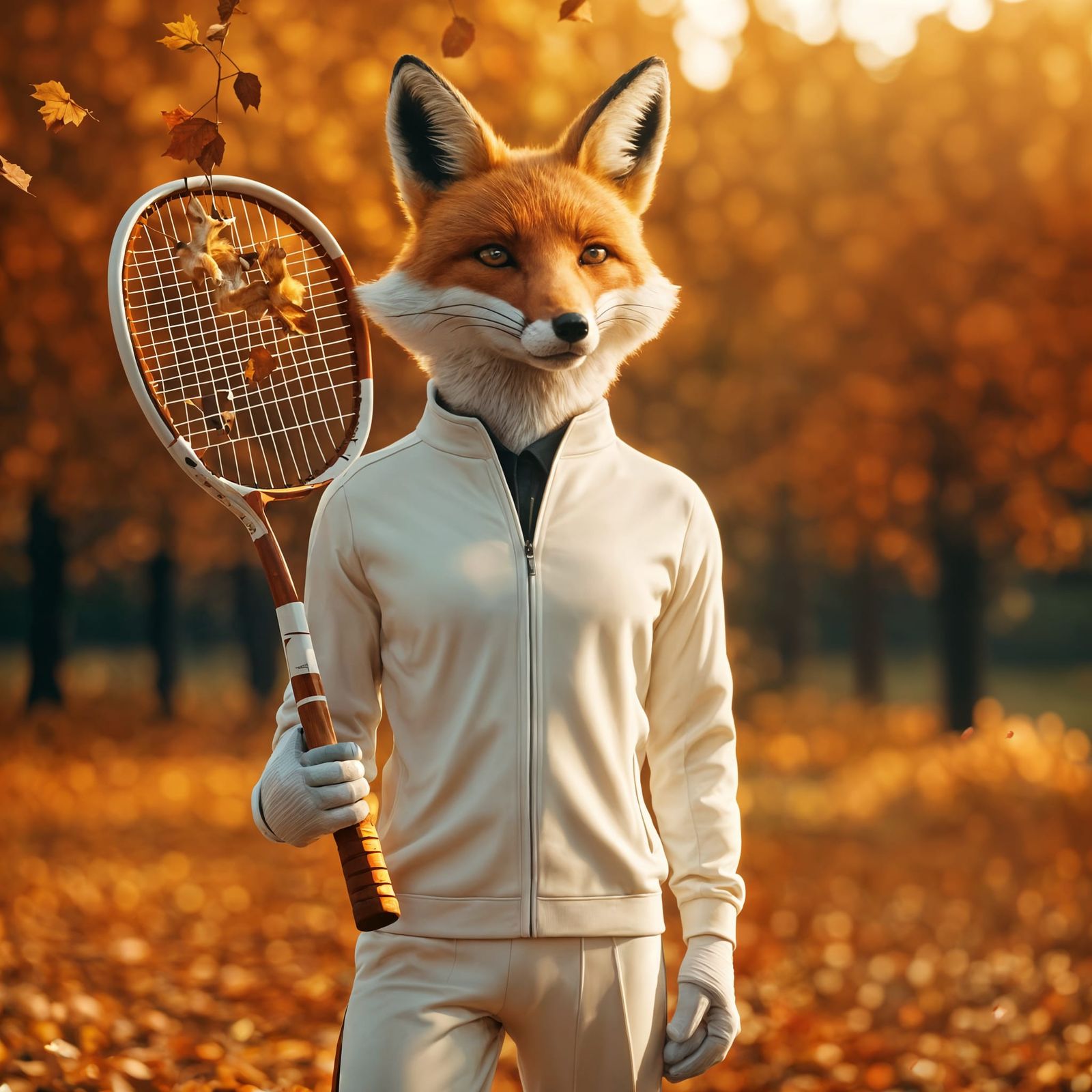 Anthropomorphic Fox Tennis Player in Autumnal Scene