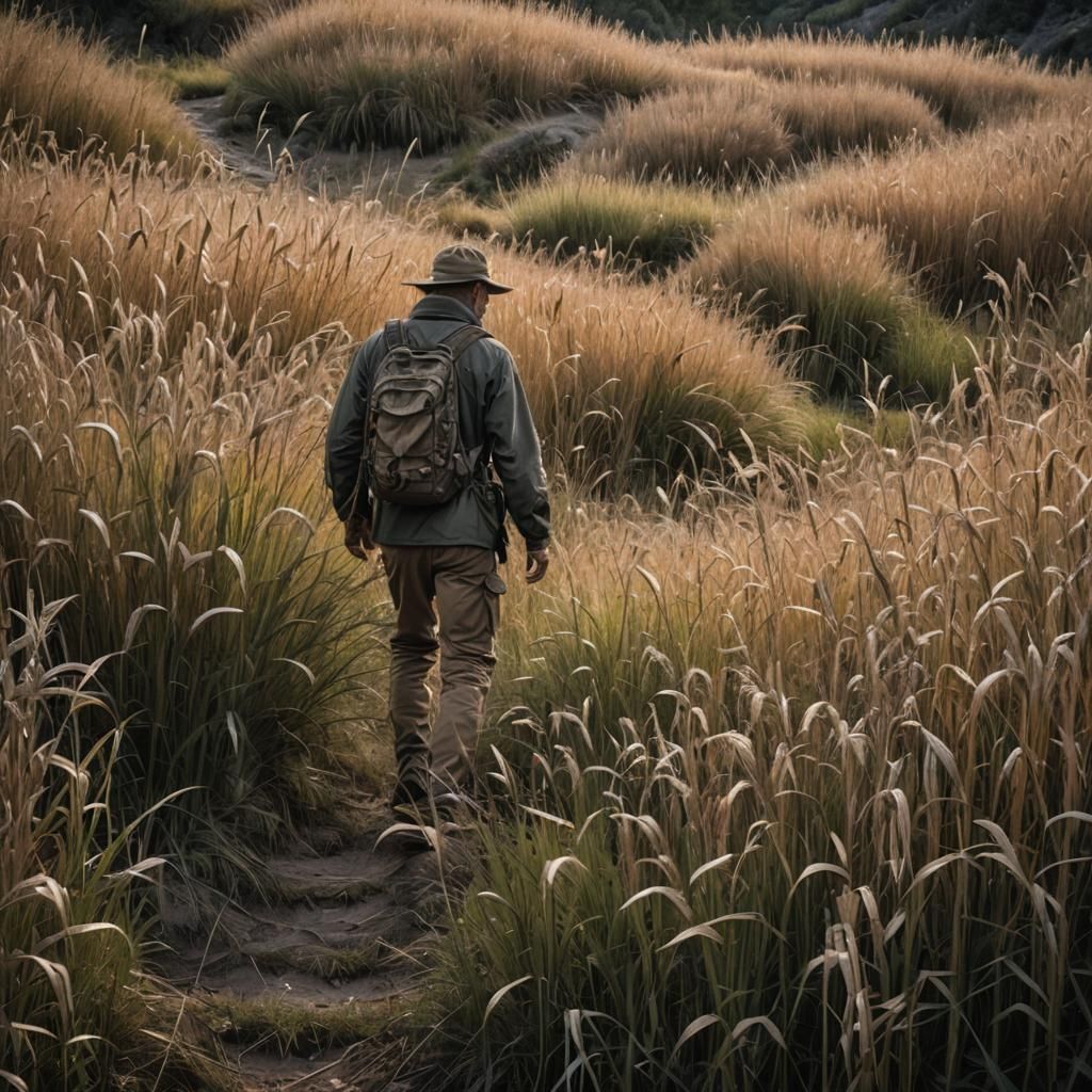 Hunter Stalks Silently Through Tall Grass