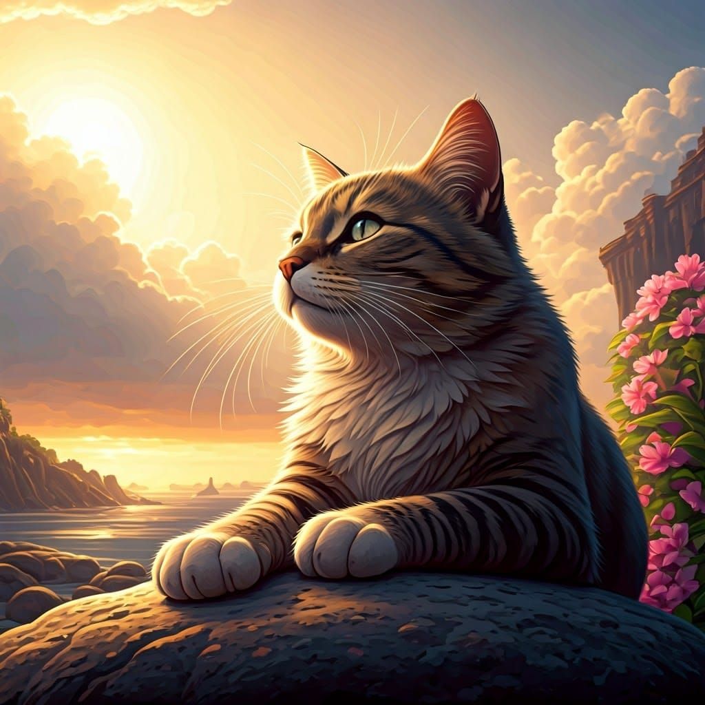 Hyperrealistic Cat Lounging in Golden Sunlight