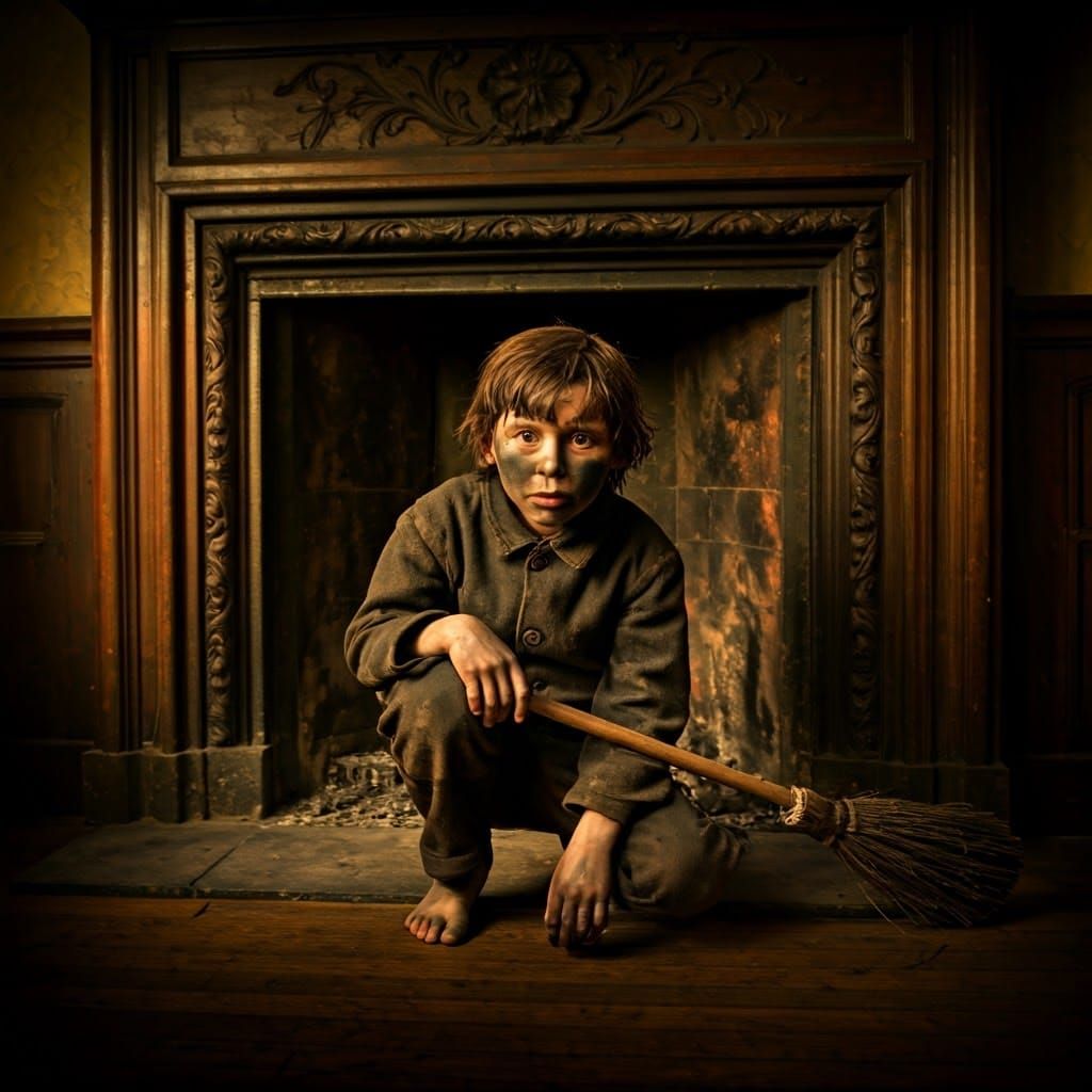 Victorian-Era Young Chimney Sweep Amidst Dickensian Shadows
