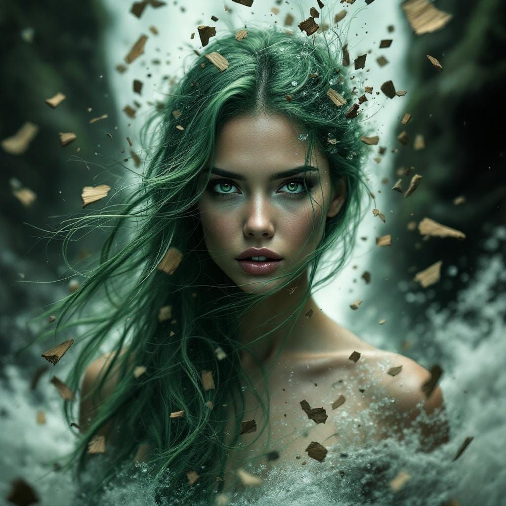 Green-Haired Woman Dissolving into Digital Shards