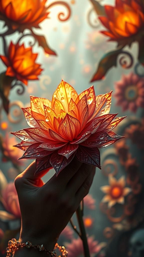 Biometric Flower with Dew Drops in Surreal Light