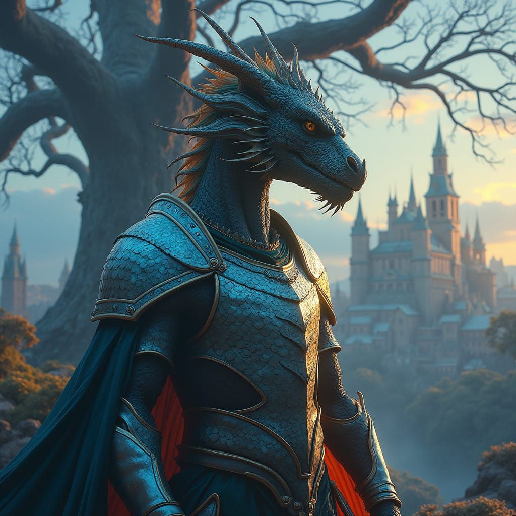Majestic Dragon in a Mystical Cityscape at Dusk