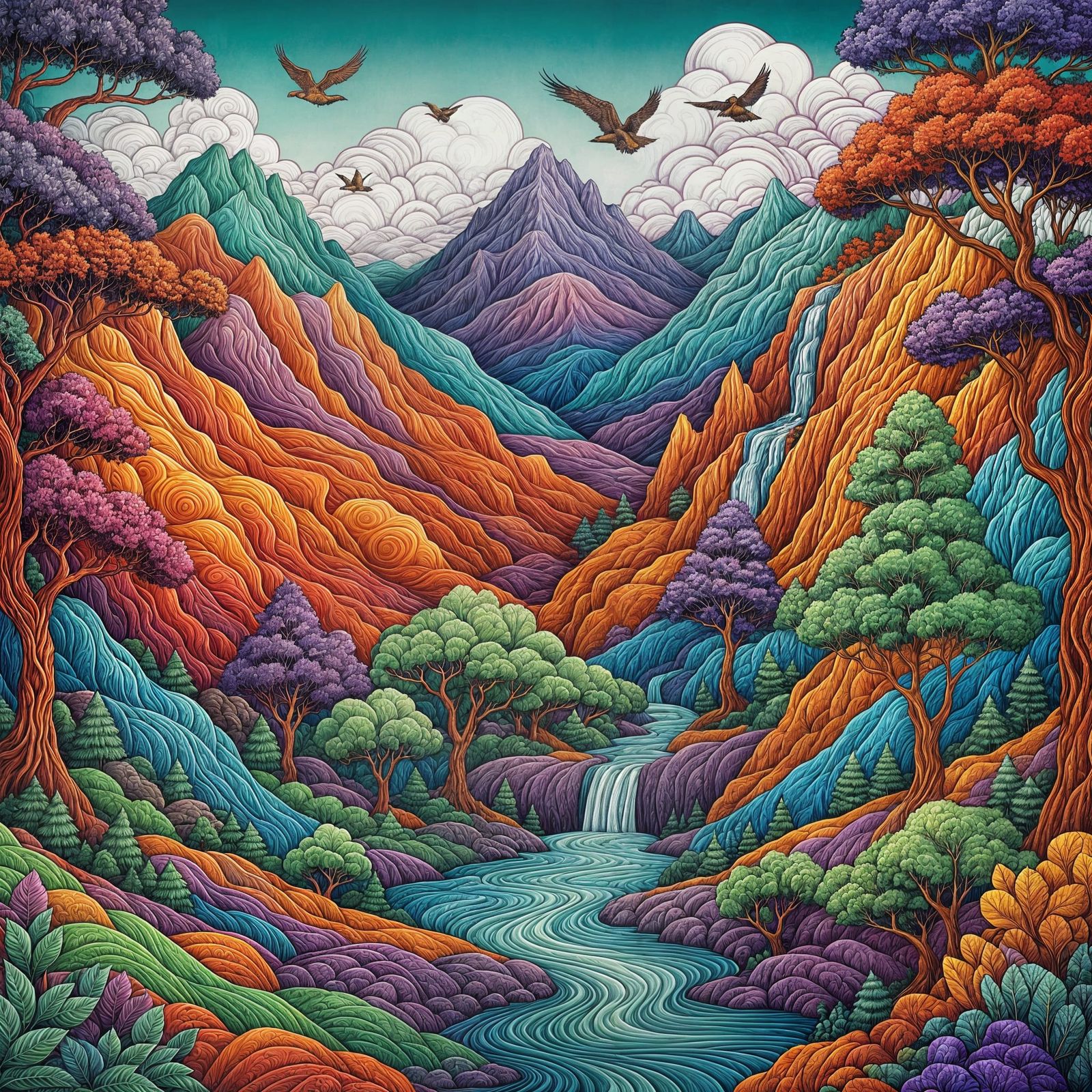 Doodle Art Fantasy Landscape with Waterfalls