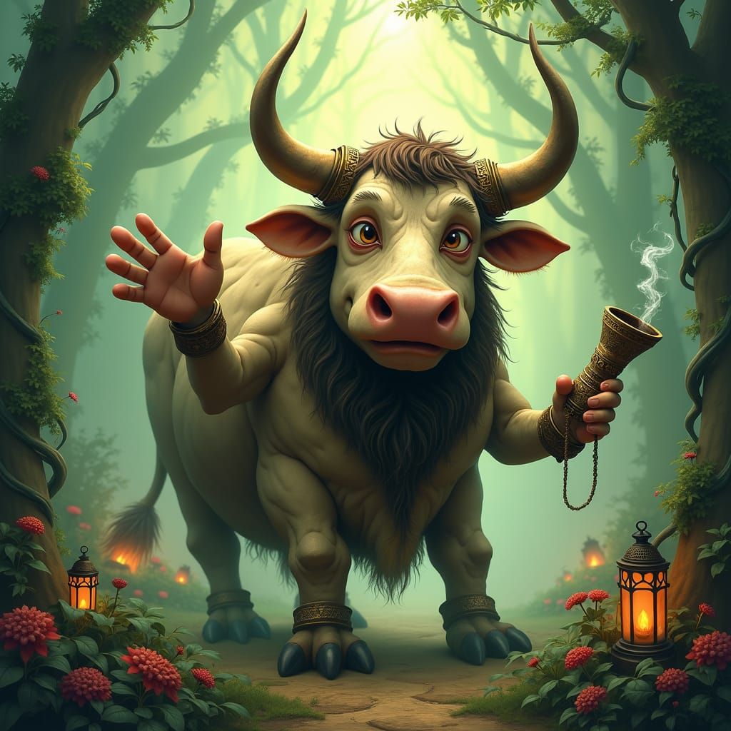 Friendly Cow Druid in Whimsical Fantasy Landscape