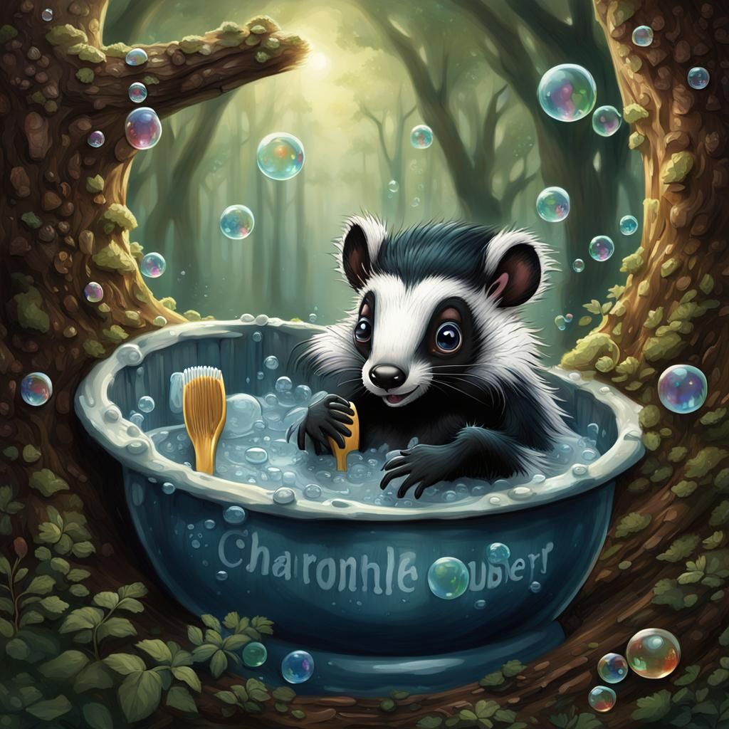 Skunk Girl's Bubble Bath in a Tree, Digital Art