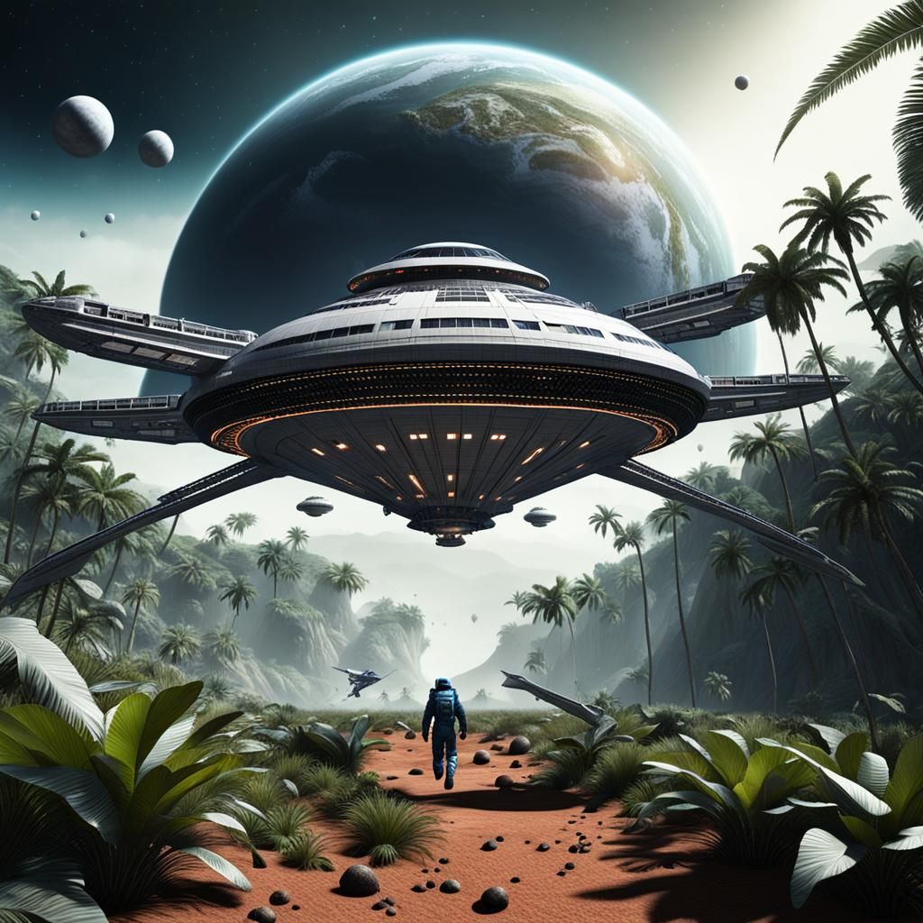 Photorealistic Spaceship Landing on Hostile Jungle Planet