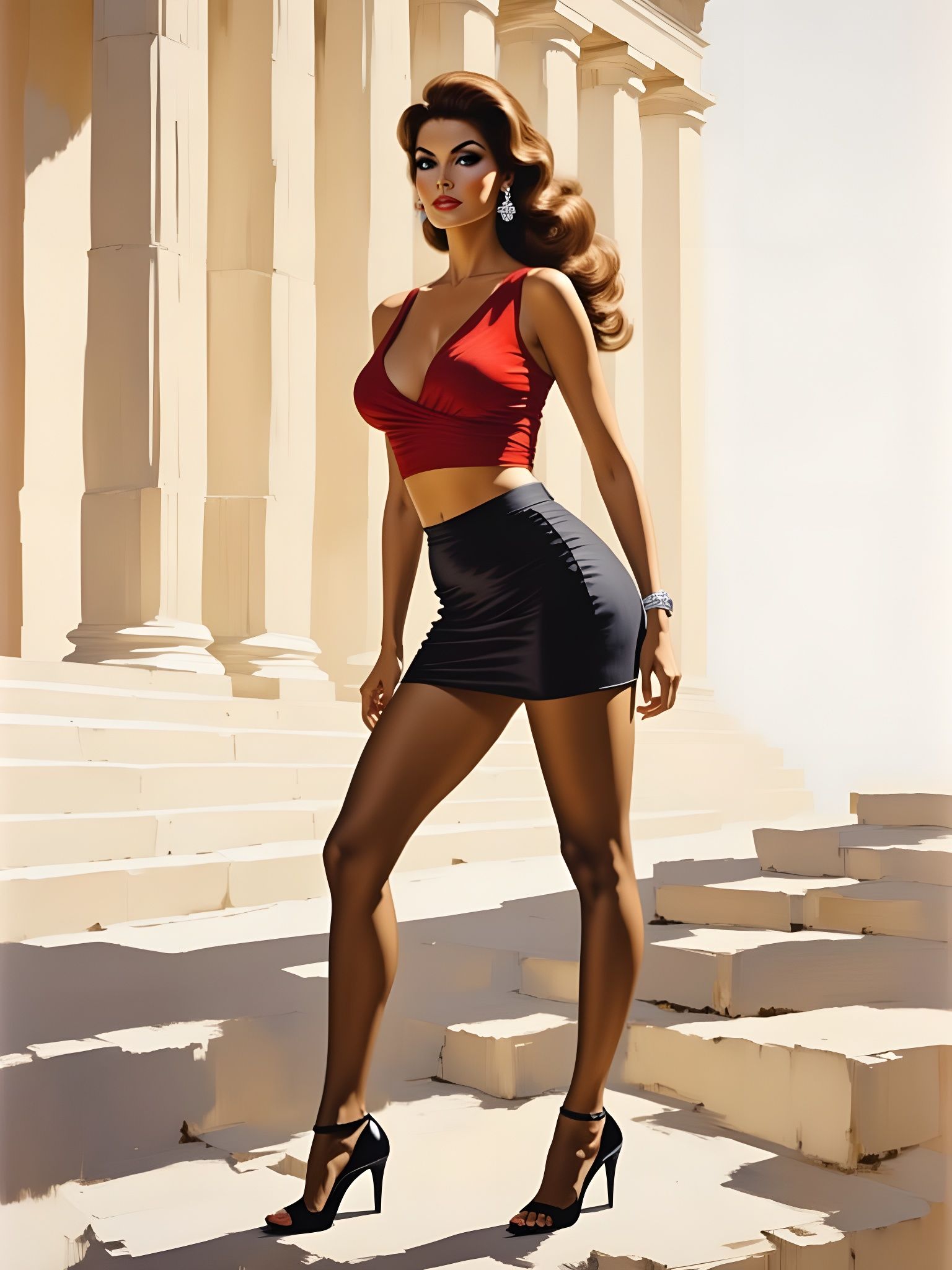 Brunette in Greek Temple, Impasto Oil Painting