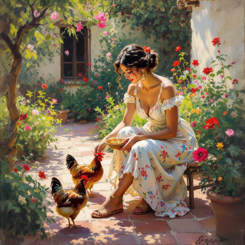 Elegant Woman Feeding Chickens in Lush Spanish Villa