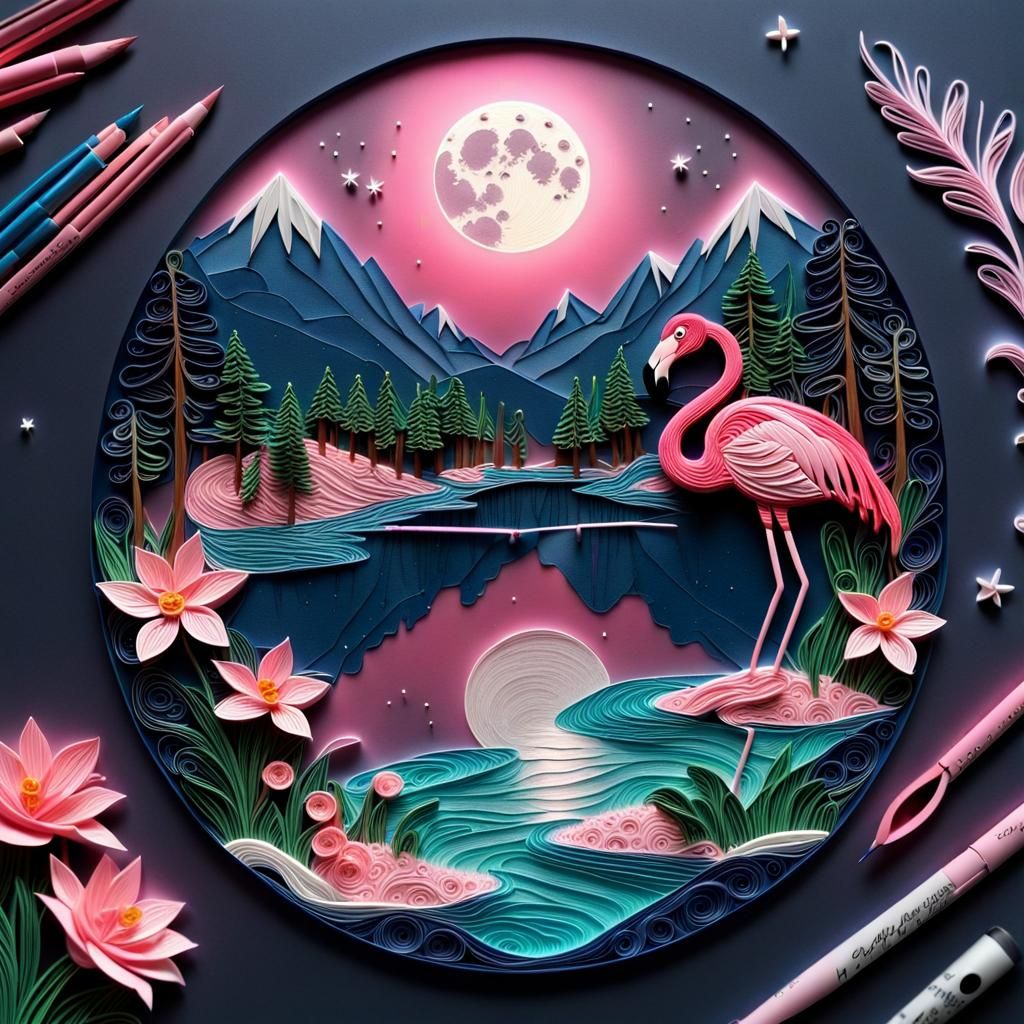 Paper Quilling Flamingo on Moonlit Mountain Lake