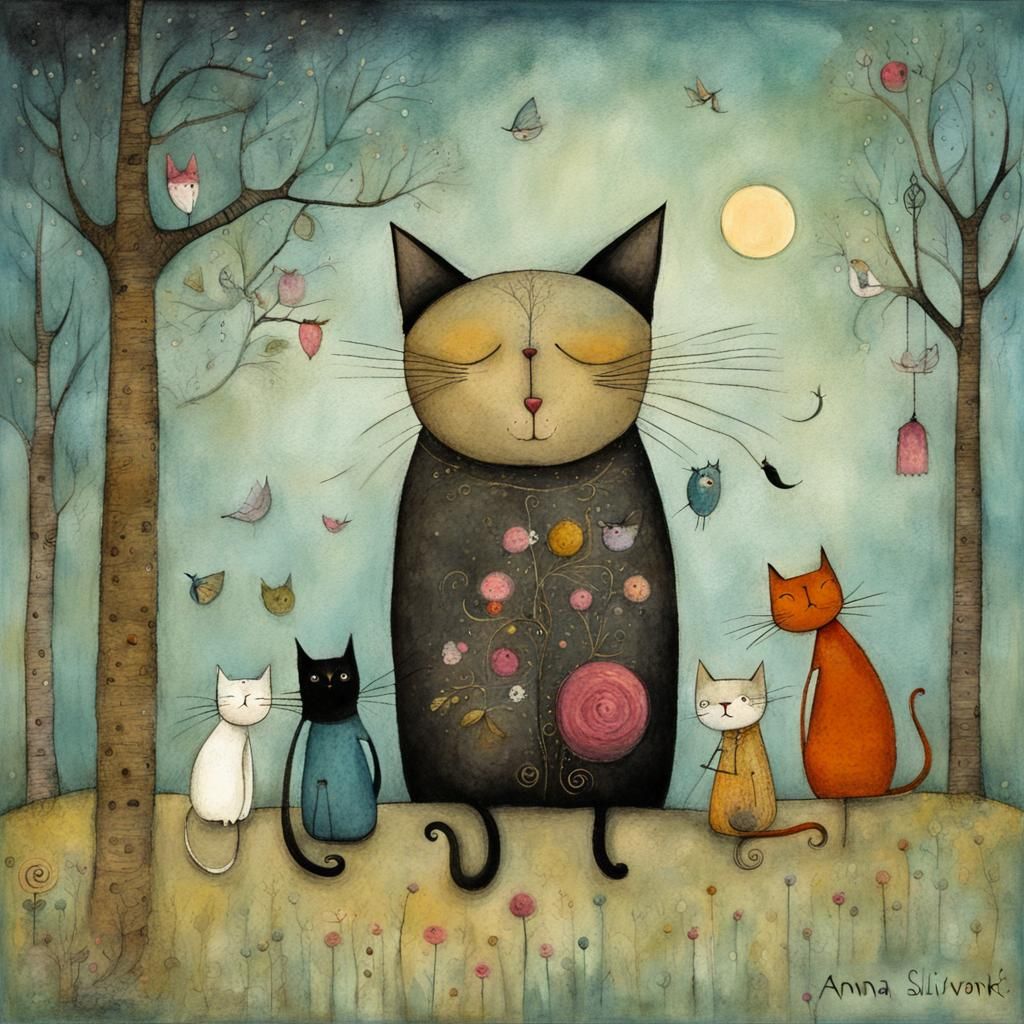 Whimsical Black Cat and Friends Illustration