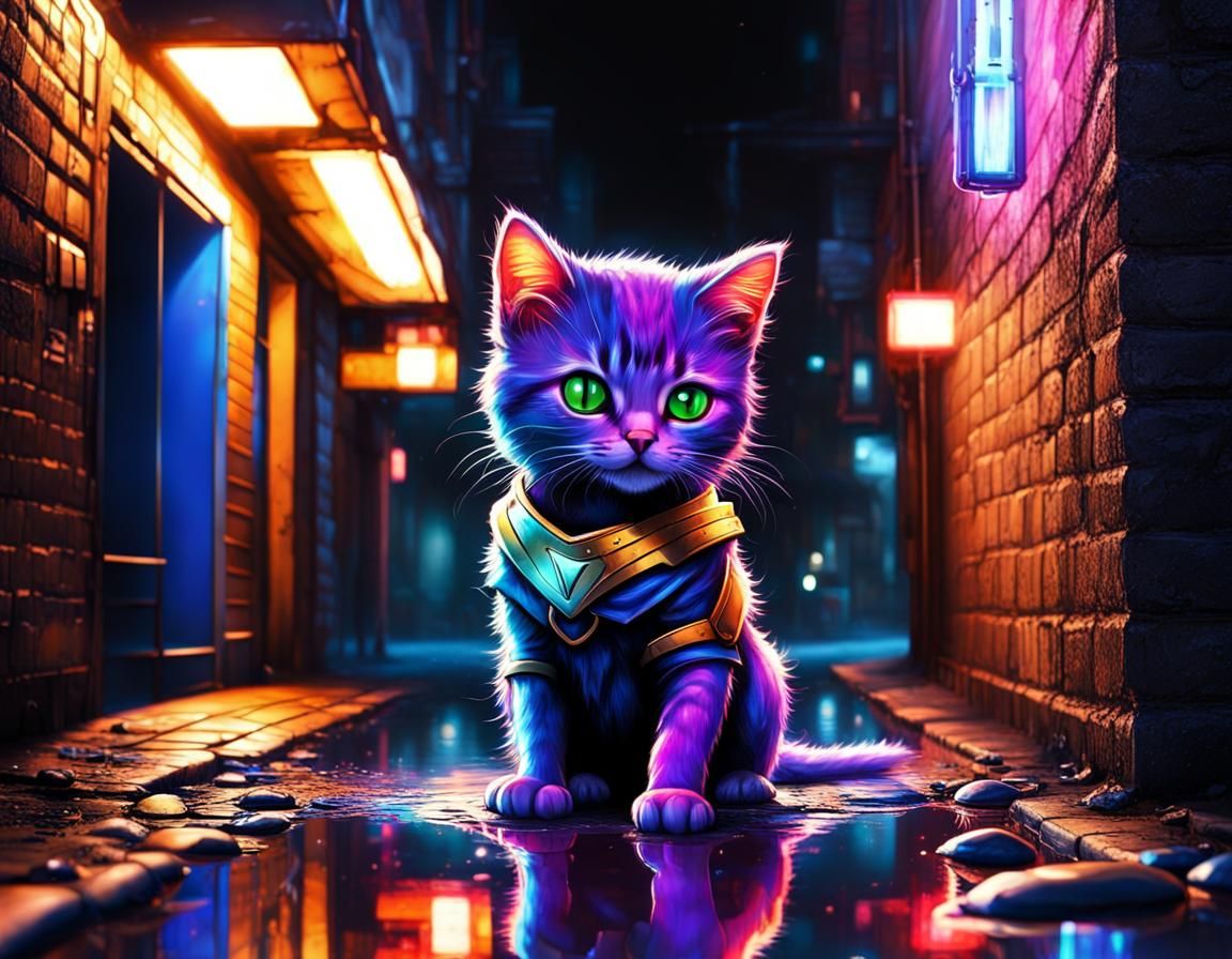 A superhero ninja kitten in a back alley at night dim light ...