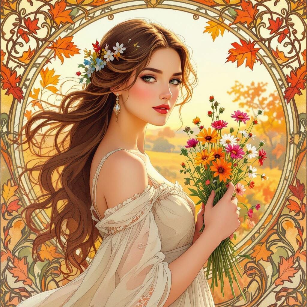 Woman with Wildflowers: An Art Nouveau Watercolor