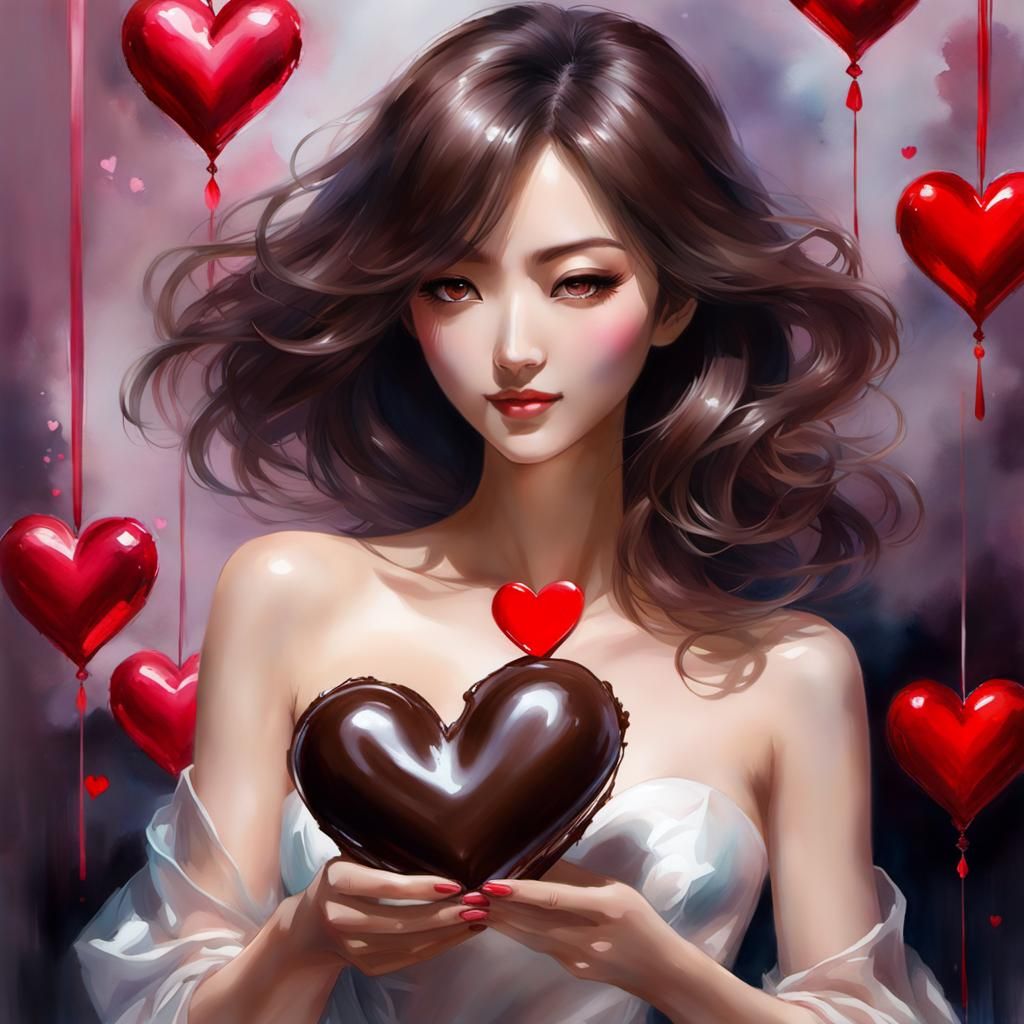 Anime Woman with Valentine Chocolate, Watercolor Style
