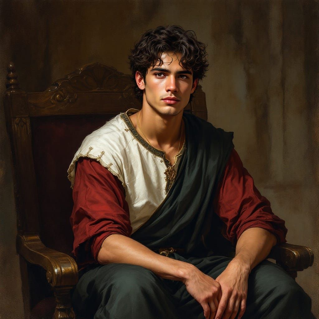 Handsome Youth in Ornate Chair, Medieval Painting