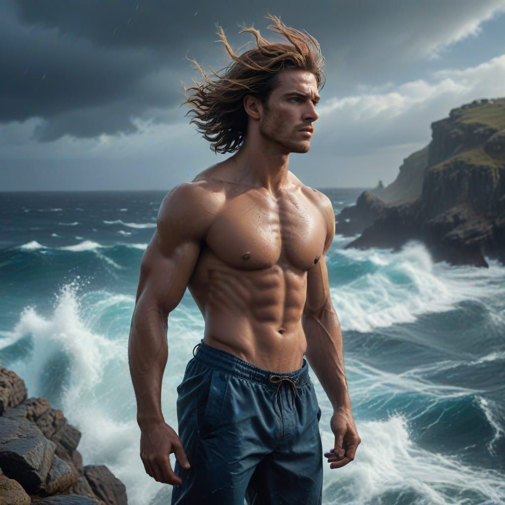 A  guy stands on a cliff in front of the sea during a strong...