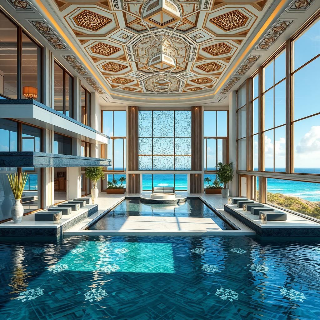 Art Deco Beach Mansion with Ocean View in 8K