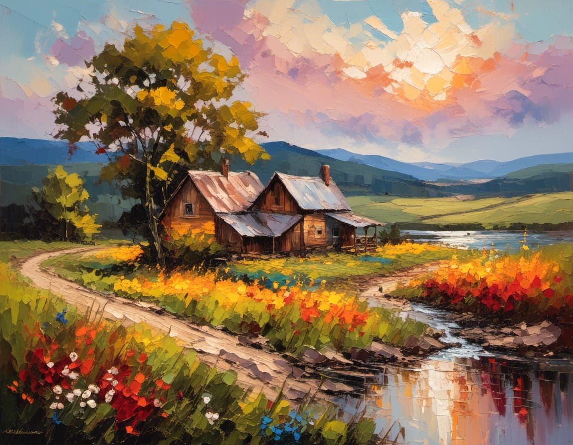 Cozy Cabin Landscape with Wildflowers at Sunset
