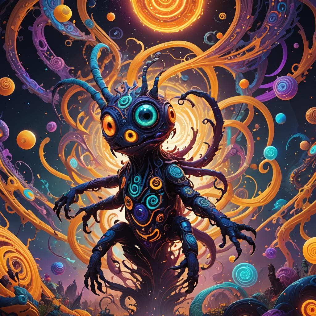 Cute Bizarre Creature Lost in Colorful Surreal Vortex