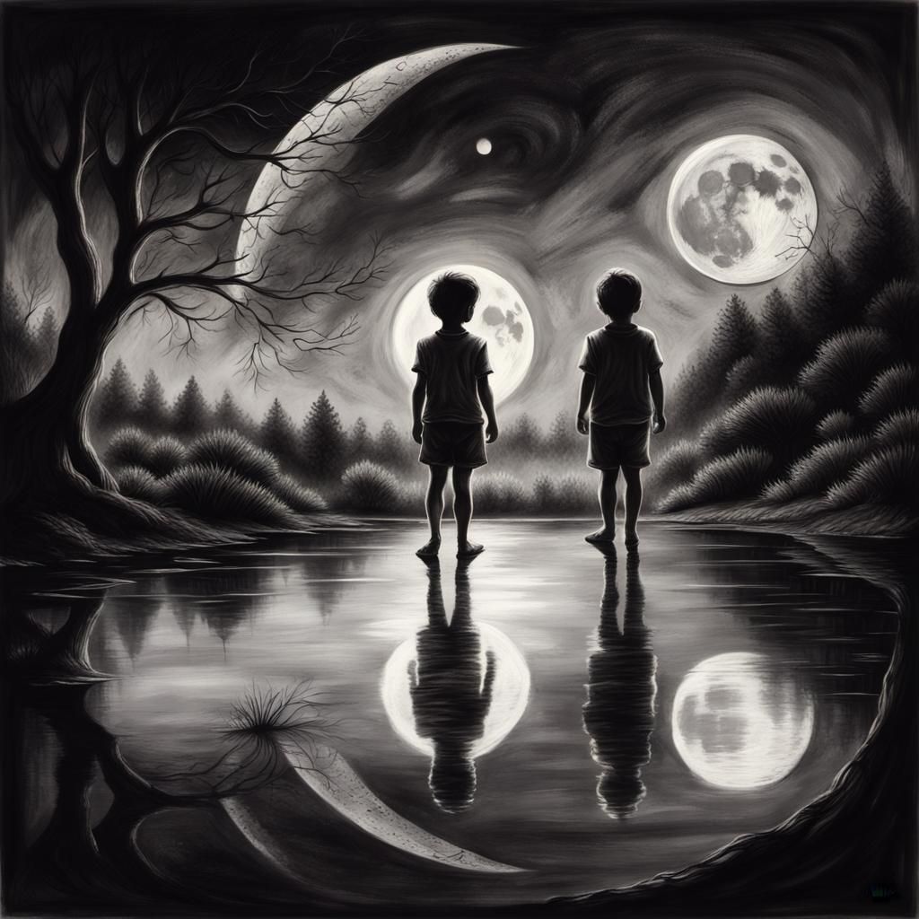Noir Moonlit Silhouette of Two Children