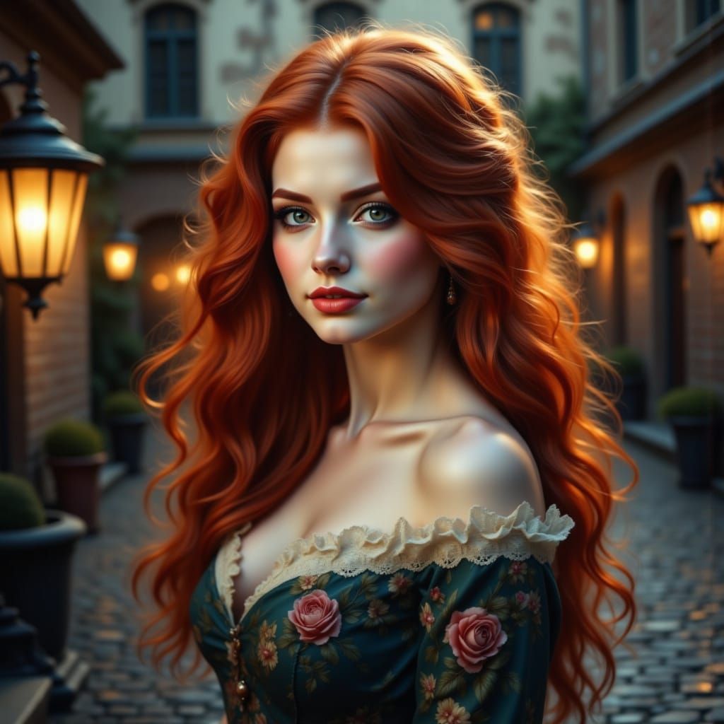 Redheaded Woman in Lamplit Victorian Courtyard
