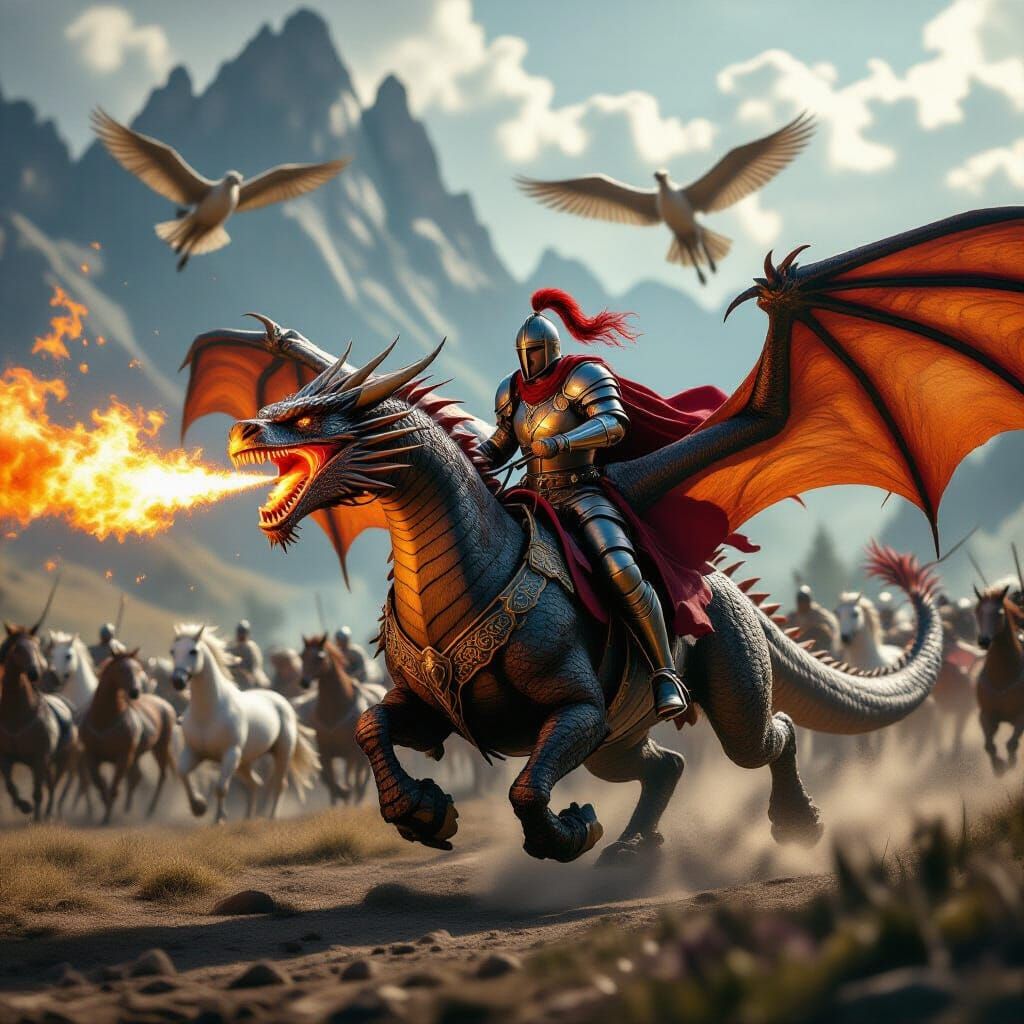 Knight Leads Dragon Charge with Hippogriffs Behind