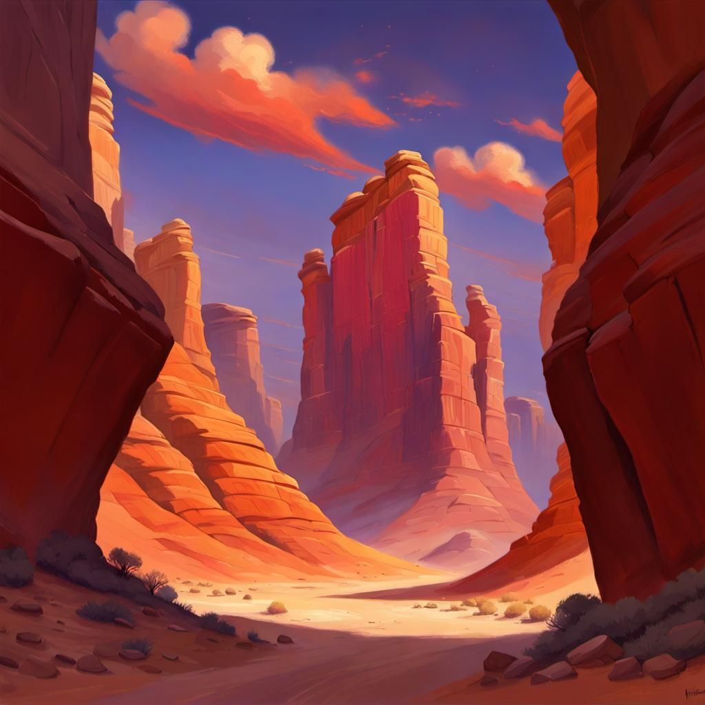 Fiery Desert Canyon: Sun's Slumber in Animated Style