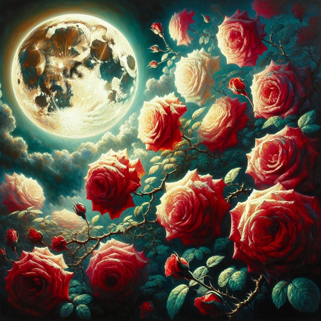 Moonlit Roses in Romanticism Style Oil Painting