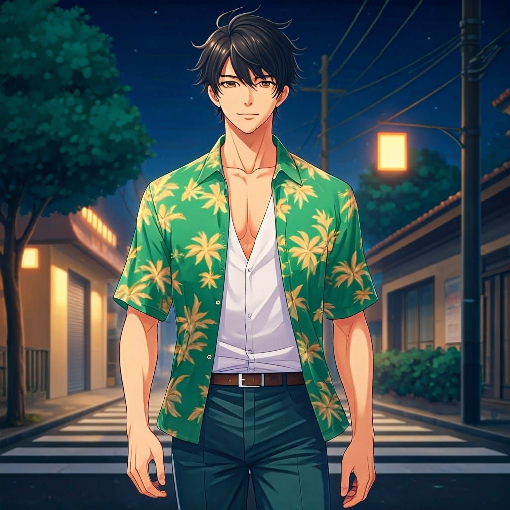 A Young Anime-Inspired Man Strolls Through the Nighttime Cit...