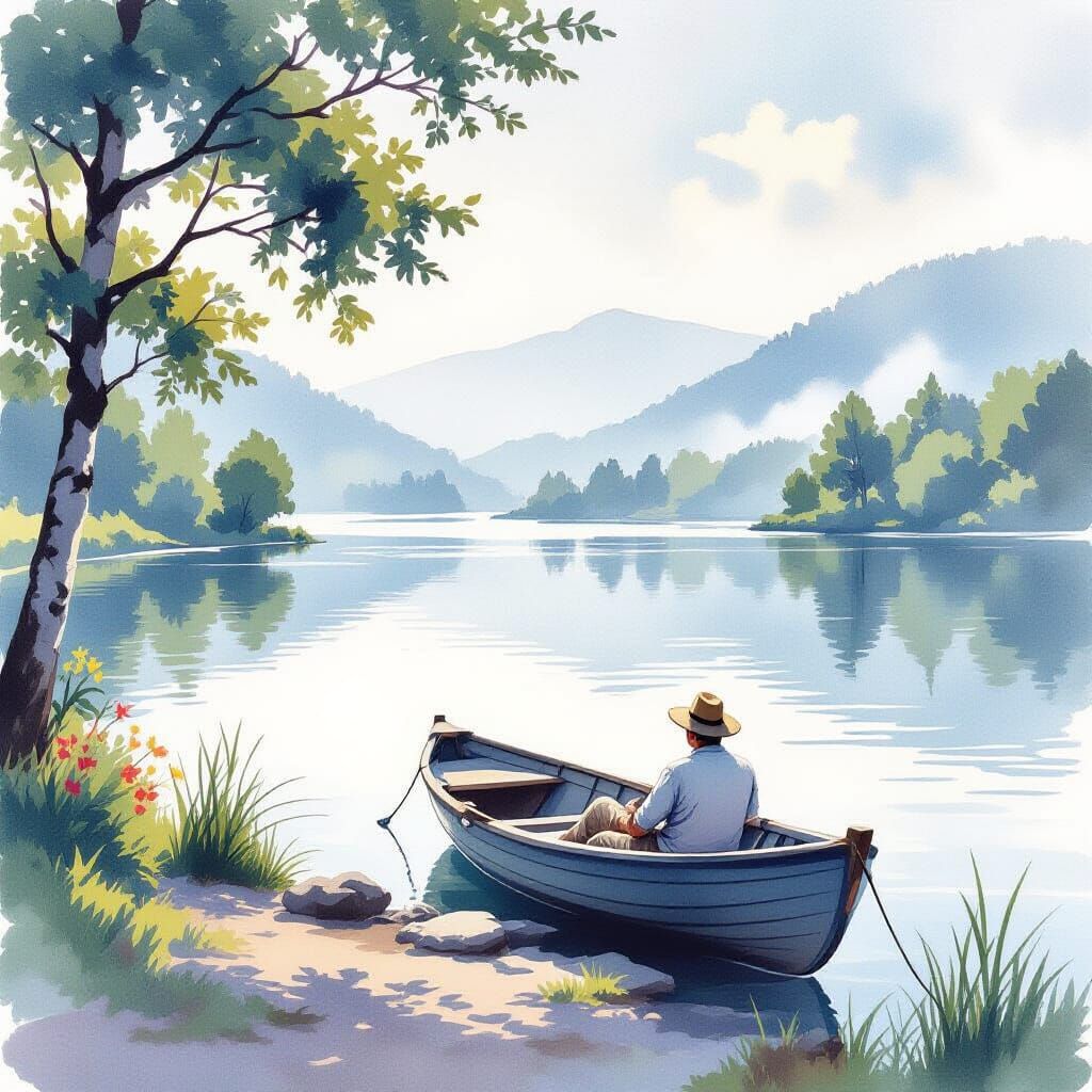 Fisherman Relaxing by Lake in Hazy Summer Watercolour